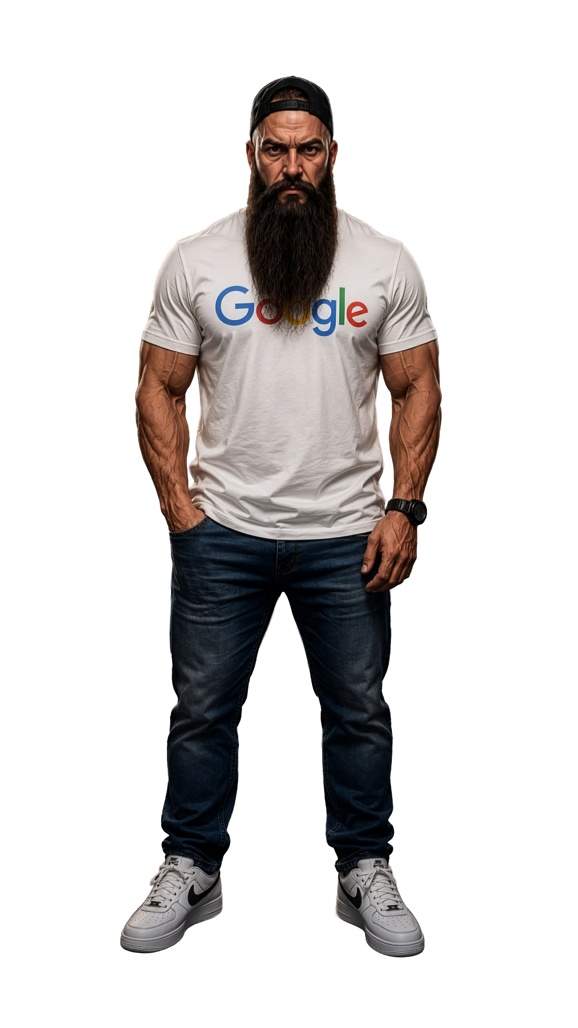 אדם בחולצת Google לבנה ובכובע שחור